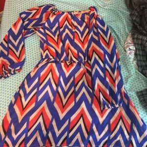 blue, red, tan, and black abstract deign dress 💙